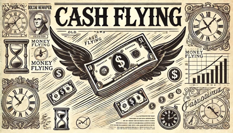 Vintage, sepia-toned newspaper-style illustration showing dollar bills flying through the air with wings, symbolizing the concept of money disappearing quickly. The image prominently displays the text 'Cash Flying,' evoking time and money in a classic, old-fashioned style.