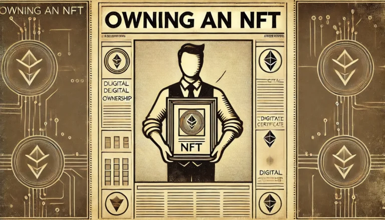 Vintage, sepia-toned newspaper-style illustration of a person holding a framed digital artwork, symbolizing NFT ownership. The image prominently features the text 'Owning an NFT' with blockchain and digital asset symbols in the background, representing the concept of digital ownership.