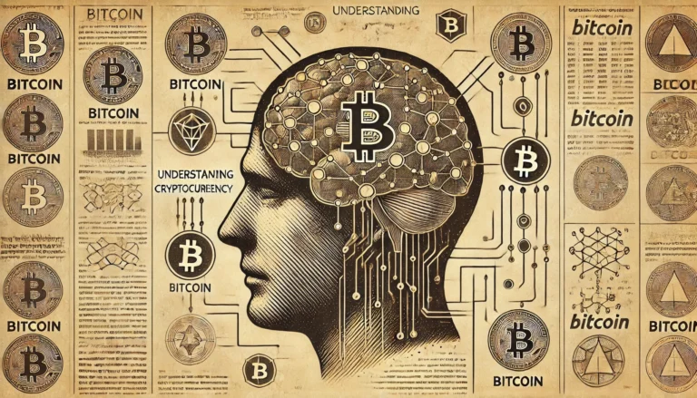 Vintage, sepia-toned newspaper-style illustration of a human brain processing cryptocurrency, connected to digital nodes and Bitcoin symbols, representing the concept of understanding digital currencies.