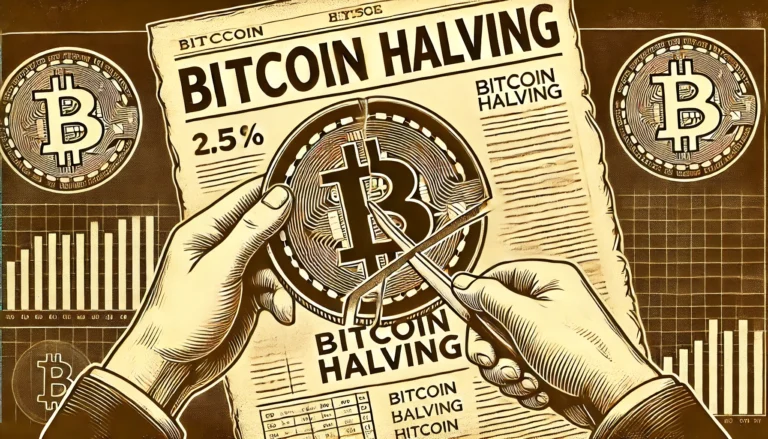 Vintage, sepia-toned newspaper-style illustration of a large Bitcoin being cut in half with the text 'Bitcoin Halving' prominently displayed. The image represents the Bitcoin halving process with the iconic Bitcoin logo, emphasizing the split in a classic, old-fashioned newspaper design.