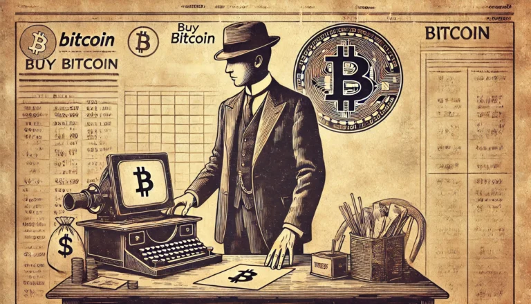 Vintage, sepia-toned newspaper-style illustration of a man in early 20th-century attire buying Bitcoin, depicting the concept of cryptocurrency transactions in a historical setting. Perfect for articles on how to buy and sell cryptocurrency